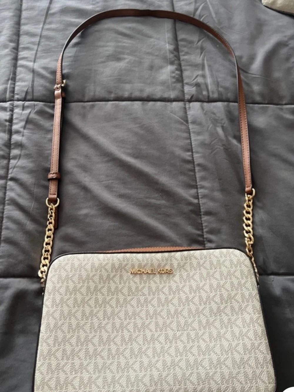 Michael Kors women Beige MK Logo Messenger Bag with Tan Trim